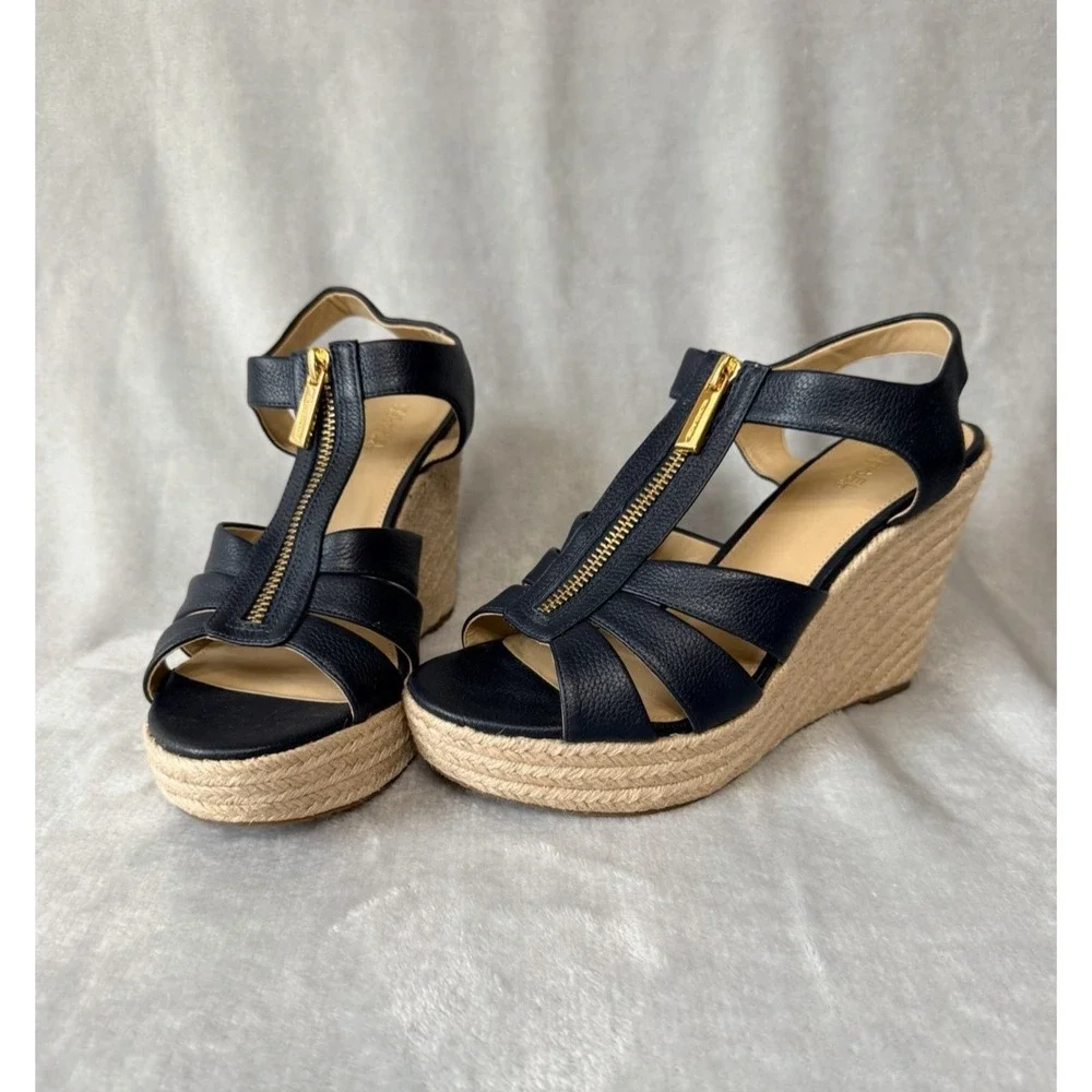 Michael Kors Sandals SZ 8 Platform Espadrilles Heels Blue Leather NEW Canvas - Picture 1 of 9